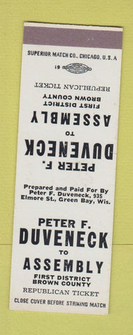 Matchbook Cover - Peter Duveneck Assembly Election Brown County WI SAMPLE