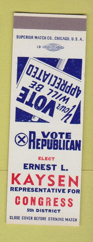 Matchbook Cover - Ernest Kaysen Congress Election IL Illinois lost  SAMPLE