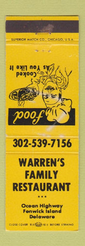 Matchbook Cover - Warren's Family Restaurant Fenwick Island DE