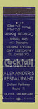 Matchbook Cover - Alexander's Restaurant Dover DE