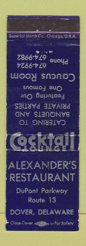 Matchbook Cover - Alexander's Restaurant Dover DE