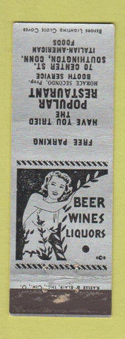 Matchbook Cover - Popular Restaurant Italian Southington CT girlie WORN
