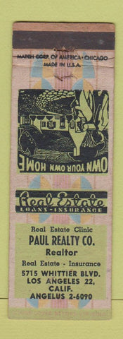 Matchbook Cover - Paul Real Estate Los Angeles CA WEAR