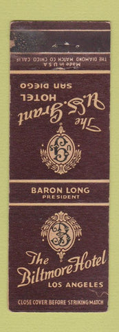 Matchbook Cover - Biltmore Hotel Los Angeles CA US Grant Hotel San Diego WEAR