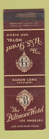 Matchbook Cover - Biltmore Hotel Los Angeles CA US Grant Hotel San Diego