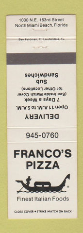 Matchbook Cover - Franco's Pizza Italian North Miami Beach FL