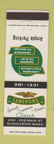 Matchbook Cover - Cameron's Restaurant Gloucester MA