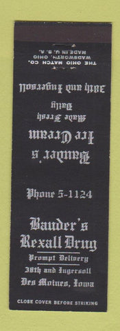 Matchbook Cover - Bauder's Rexall Drug Des Moines IA ice cream