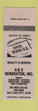 Matchbook Cover - A&E Generator Salt Lake City UT