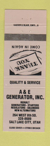 Matchbook Cover - A&E Generator Salt Lake City UT