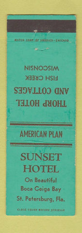 Matchbook Cover - Sunset Hotel St Petersburg FL Thorp Hotel Fish Creek WI
