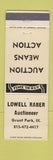 Matchbook Cover - Lowell Raber Auctioneer Grant Park IL