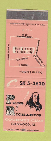 Matchbook Cover - Poor Richards Gourmet Club Glenwood IL Benjamin Franklin