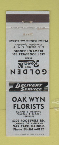 Matchbook Cover - Oak Wyn Florists Oak Park IL Golden Rexall Drug Berwyn WORN
