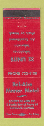 Matchbook Cover - Bel Aire Manor Motel Lincoln IL
