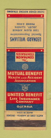 Matchbook Cover - Mutual Benefit Insurance Leonard Williams Joliet IL