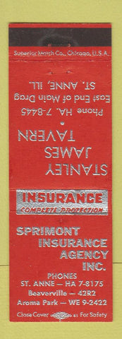 Matchbook Cover - Sprimont Insurance St Anne IL Stanley James Tavern