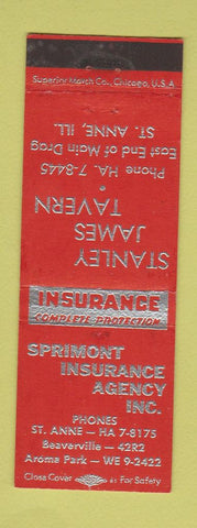 Matchbook Cover - Sprimont Insurance St Anne IL Stanley James Tavern