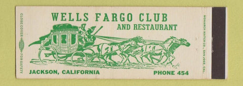 Matchbook Cover - Wells Fargo Club Jackson CA low phone # Full Length