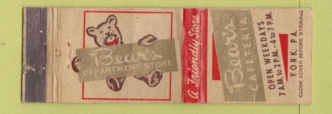Matchbook Cover - Bear's Cafeteria York PA WORN