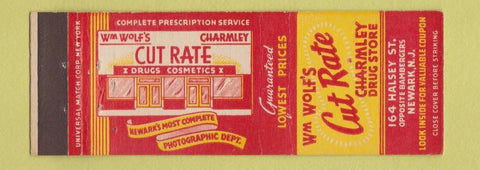 Matchbook Cover - Wolf's Cut Rate Drug Charmley Newark NJ WORN