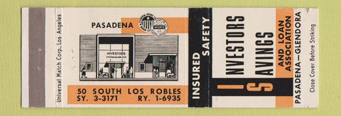 Matchbook Cover - Investors Savings and Loan Pasadena Glendora CA