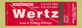 Matchbook Cover - Wertz Auto Service towing Canfield OH Full Length