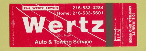 Matchbook Cover - Wertz Auto Service towing Canfield OH Full Length