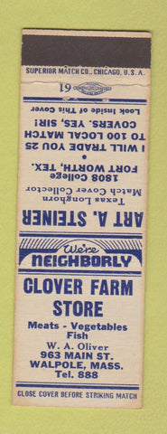 Matchbook Cover - Clover Farm Store Walpole MA low phone #
