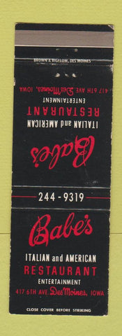Matchbook Cover - Babe's Italian Restaurant Des Moines IA