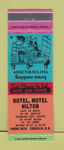 Matchbook Cover - Hotel Motel Hilton Enderlin ND low phone #