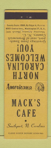 Matchbook Cover - Mack's Cafe Southport NC Perkins Americana