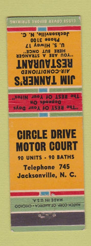 Matchbook Cover Circle Drive Motor Court Jacksonville NC Jim Tanner's Restaurant