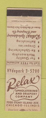 Matchbook Cover - Relax Upholstery and Drapes Chicago IL WEAR