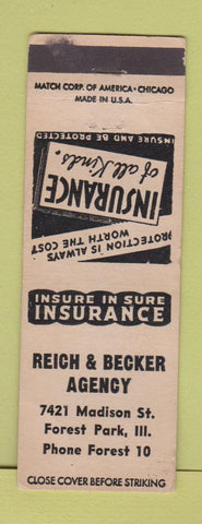 Matchbook Cover - Reich Becker Insurance Forest Park low phone # WEAR