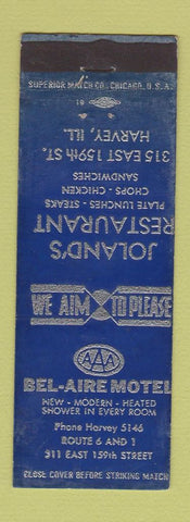 Matchbook Cover - Bel Aire Motel Joland's Restaurant Harvey IL WORN