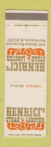 Matchbook Cover - Henrici's Steak Lobster Northbrook IL