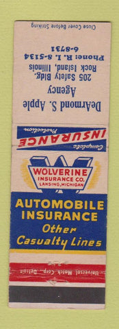 Matchbook Cover - Wolverine Insurance DeArmond Apple Rock Island IL