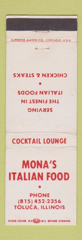 Matchbook Cover - Mona's Italian Restaurant Toluca IL