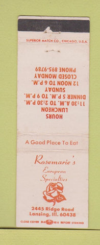 Matchbook Cover - Rosemarie's Restaurant Lansing IL WEAR