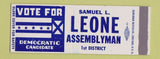 Matchbook Cover - Samuel Leone Assemblyman Election Brooklyn? NY SAMPLE