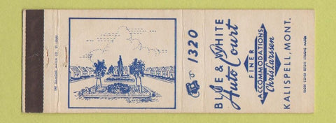 Matchbook Cover - Blue & White Auto Court motel Kalispell MT low phone # WEAR