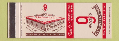 Matchbook Cover - Nine's Restaurant Lounge Pinellas Park FL