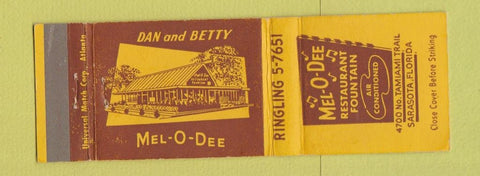 Matchbook Cover - Mel o Dee Restaurant Sarasota FL