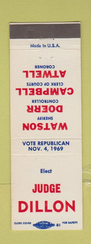 Matchbook Cover - 1969 Judge Dillon Watson Sheriff Atwell Coroner Butler PA