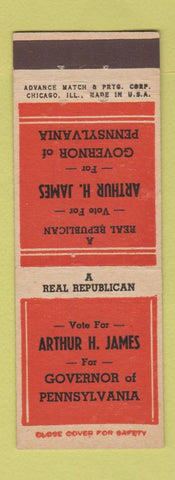 Matchbook Cover - Arthur James Governor of PA Pennsylvania Election ADVANCE