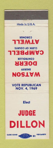 Matchbook Cover - 1969 Judge Dillon Watson Sheriff Atwell Coroner Butler PA