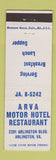 Matchbook Cover - Arva Motor Hotel Restaurant Arlington VA