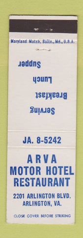 Matchbook Cover - Arva Motor Hotel Restaurant Arlington VA