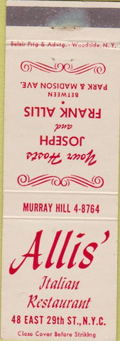 Matchbook Cover - Allis' Italian Restaurant New York City